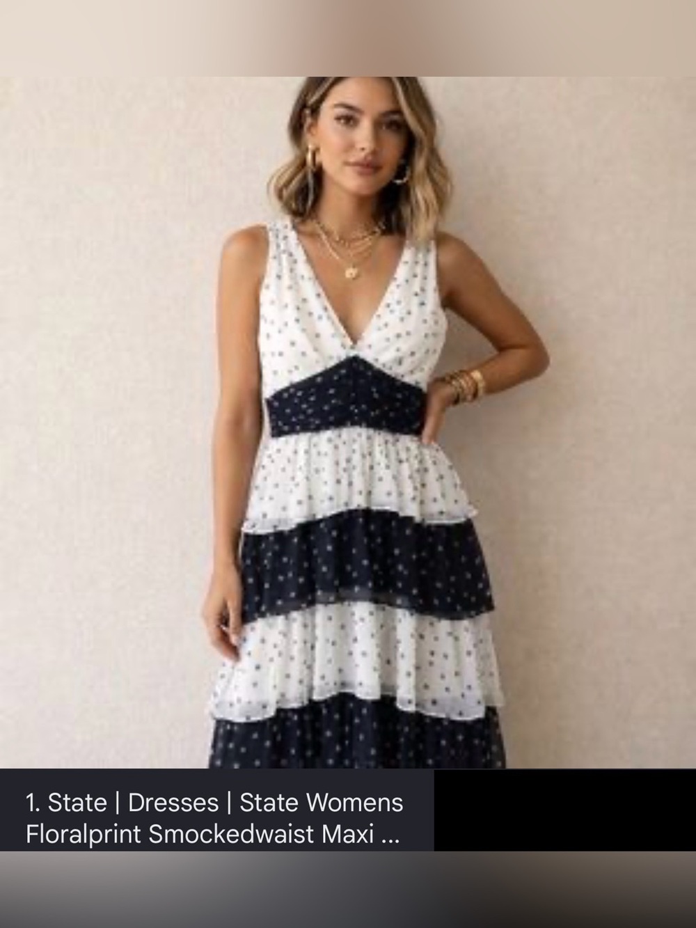 1. STATE Colorblocked Tiered Ruched-Waist Maxi Dress, White/Navy, Size: 10, NWT